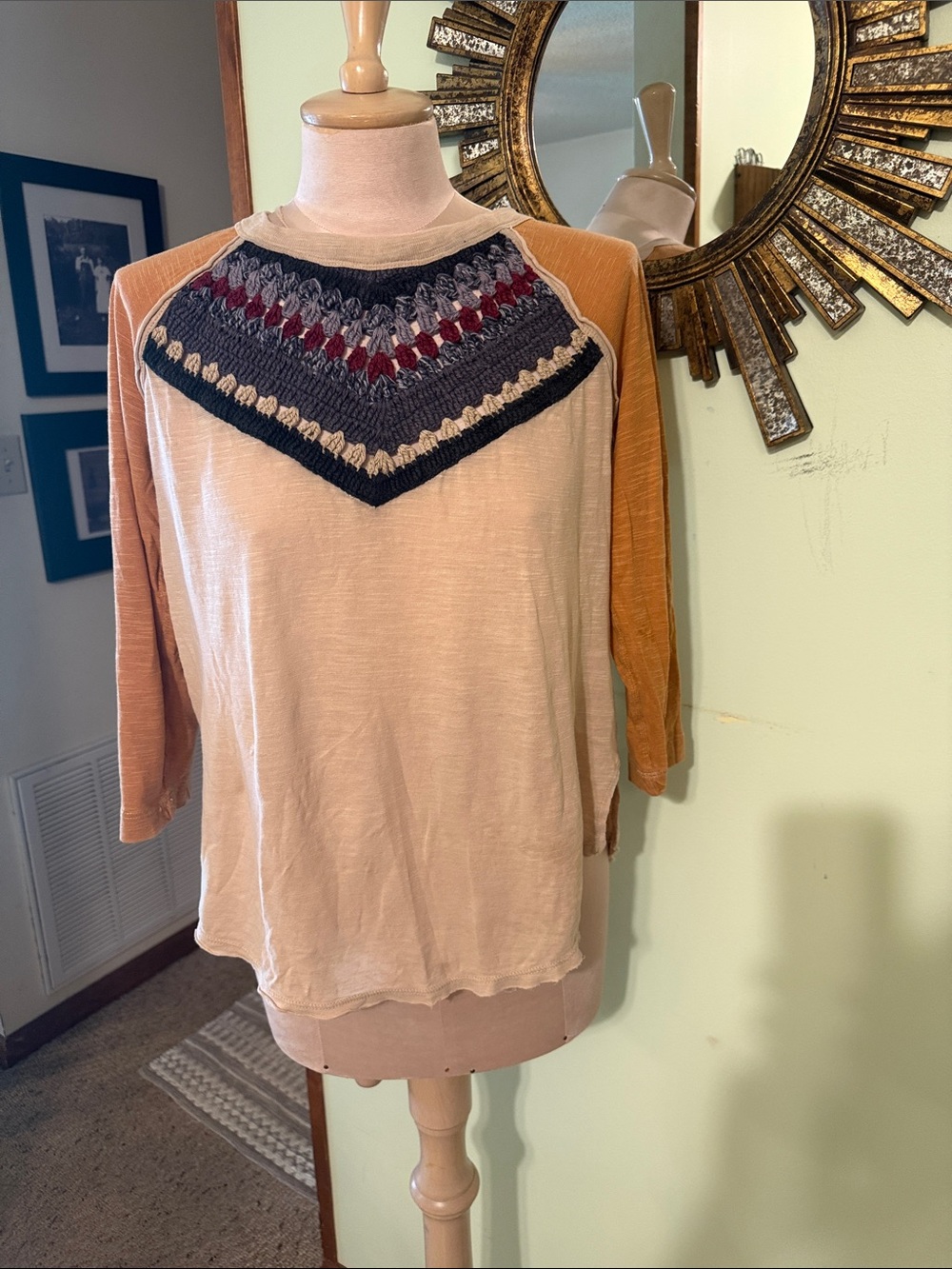 We The Free Cream Sweater with Mustard Raglan Sleeves and Navy Embroidered Yoke